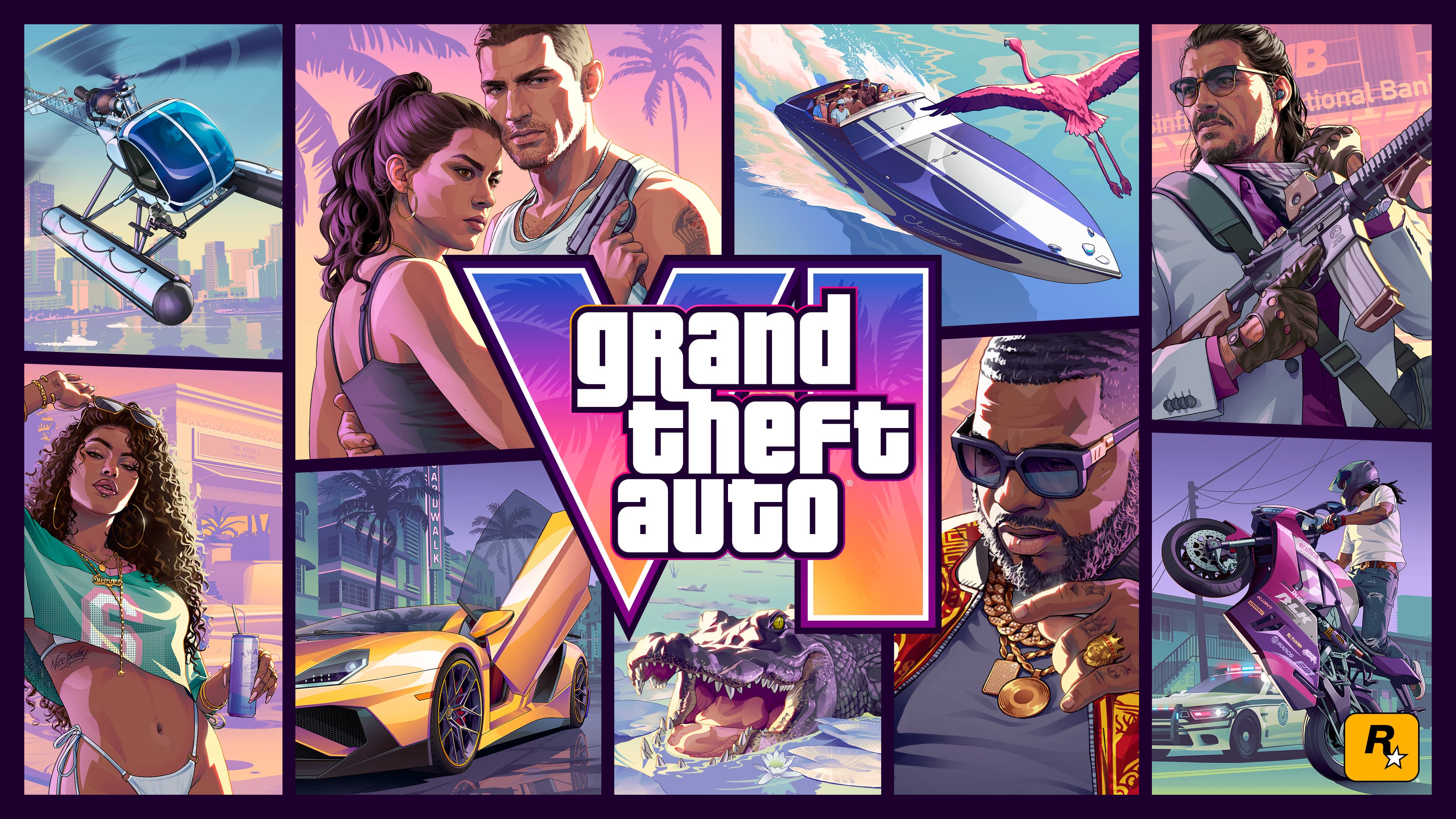 Official Grand Theft Auto VI cover art in landscape format, with the VI logo centred in a grid of character and vehicle panels