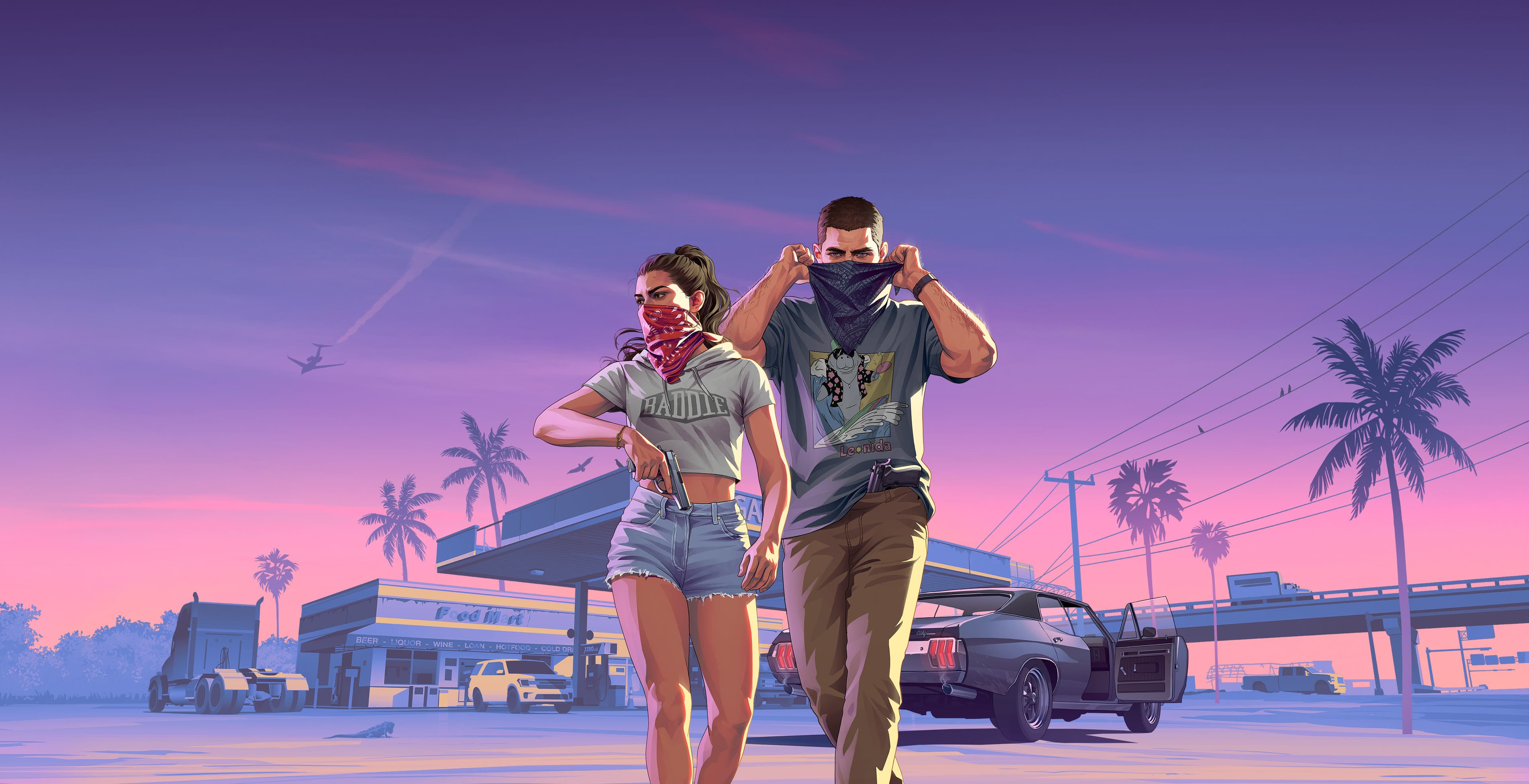 Official key art of Lucia and Jason walking away from a gas station under a pink and blue dusk sky
